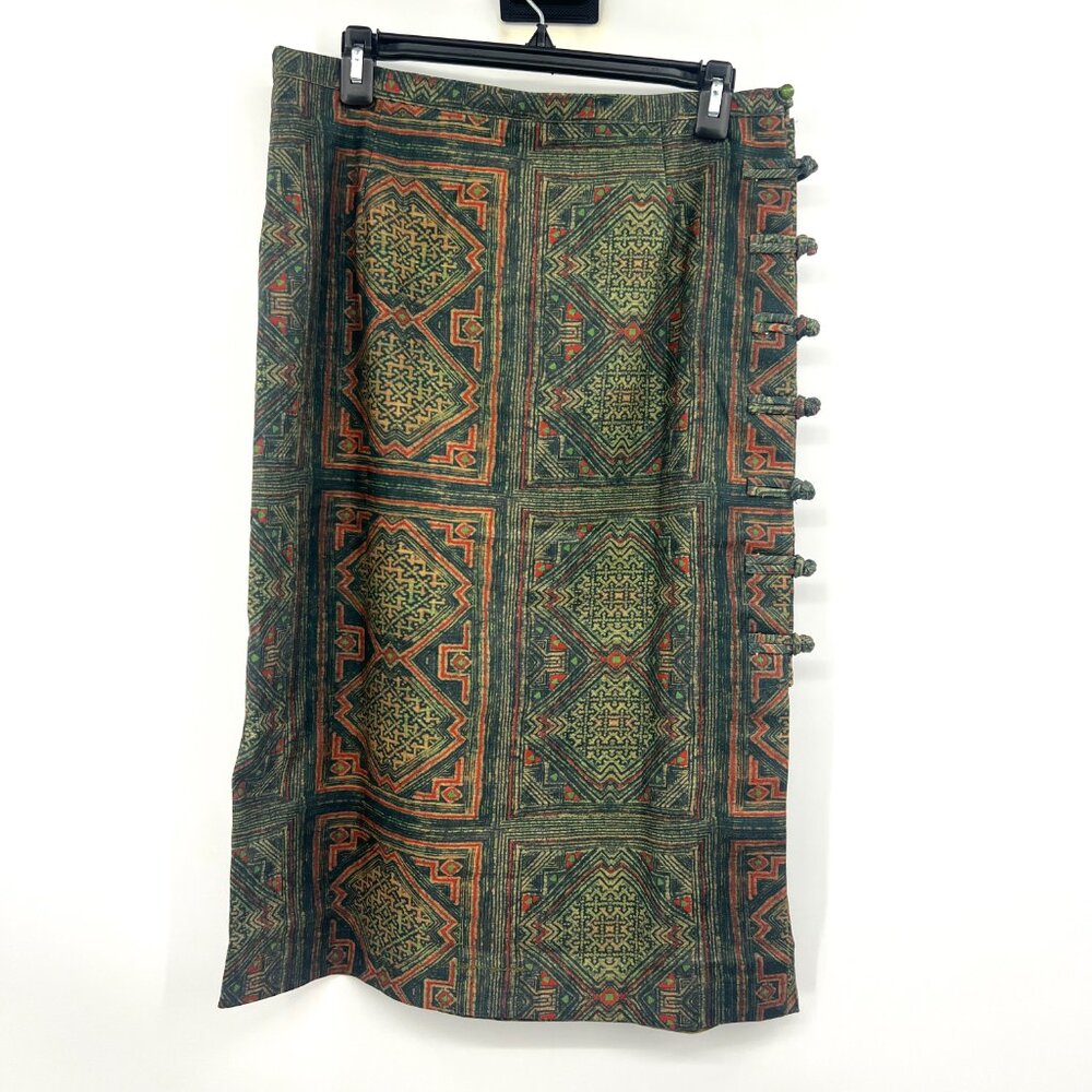 Tribal Print Green Red Midi Length Skirt Medium - Picture 3 of 3